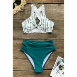 Women's Teal Solid and Striped knotted Front High Waisted Bikini - Cupshe 13 Women's Teal Solid and Striped knotted Front High Waisted Bikini - Cupshe -Swimsuits Popular Store unnamed file 516