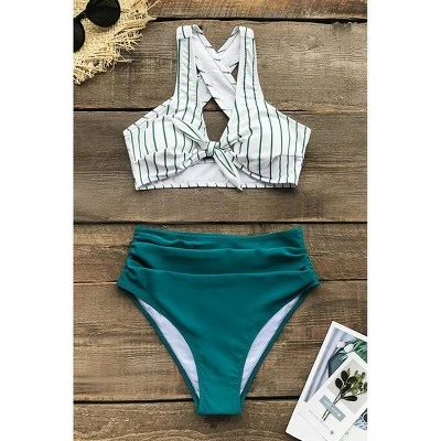 Women's Teal Solid and Striped knotted Front High Waisted Bikini - Cupshe 5 Women's Teal Solid and Striped knotted Front High Waisted Bikini - Cupshe - Image 3
