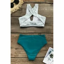 Women's Teal Solid and Striped knotted Front High Waisted Bikini - Cupshe 14 Women's Teal Solid and Striped knotted Front High Waisted Bikini - Cupshe -Swimsuits Popular Store unnamed file 517