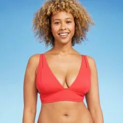 Women's Cut Out Detail Ribbed Longline Triangle Bikini Top - Shade & Shore™ Coral -Swimsuits Popular Store unnamed file 5176