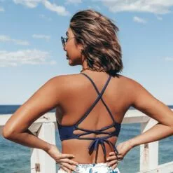 Women's Navy Bikini Top Swimsuit Twist Crisscross Lace Up Bathing Suit-Cupshe