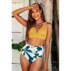 Women's Yellow and Floral V Neck Scalloped Bikini - Cupshe -Swimsuits Popular Store unnamed file 525
