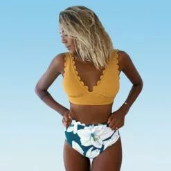 Women's Yellow and Floral V Neck Scalloped Bikini - Cupshe -Swimsuits Popular Store unnamed file 530