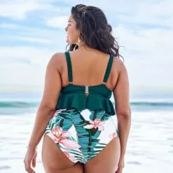 Women's High Waisted Green and Floral Ruffled Plus Size Bikini - Cupshe
