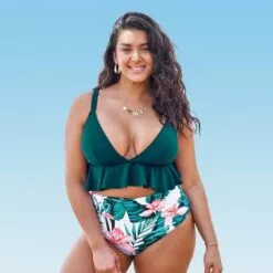 Women's High Waisted Green and Floral Ruffled Plus Size Bikini - Cupshe -Swimsuits Popular Store unnamed file 552