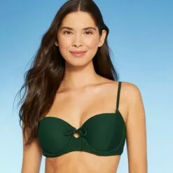 Women's Light Lift Tie-Front Keyhole Pique Textured Bikini Top - Shade & Shore™ Dark Green -Swimsuits Popular Store unnamed file 5605