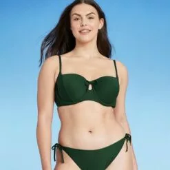 Women's Light Lift Tie-Front Keyhole Pique Textured Bikini Top - Shade & Shore™ Dark Green -Swimsuits Popular Store unnamed file 5606