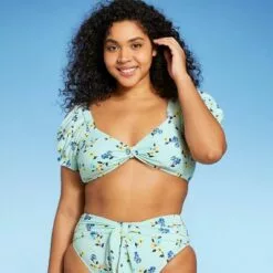 Women's Puffed Sleeve Bikini Top - Sea Angel Green -Swimsuits Popular Store unnamed file 5672