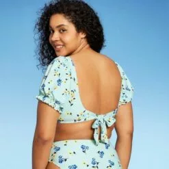 Women's Puffed Sleeve Bikini Top - Sea Angel Green -Swimsuits Popular Store unnamed file 5673