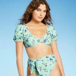 Women's Puffed Sleeve Bikini Top - Sea Angel Green -Swimsuits Popular Store unnamed file 5678