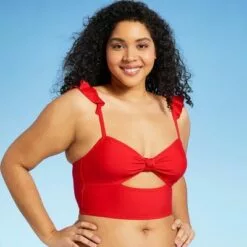 Women's Ruffle Shoulder Longline Bikini Top - Sea Angel Red -Swimsuits Popular Store unnamed file 5797