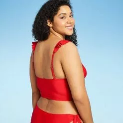 Women's Ruffle Shoulder Longline Bikini Top - Sea Angel Red -Swimsuits Popular Store unnamed file 5798