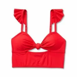 Women's Ruffle Shoulder Longline Bikini Top - Sea Angel Red -Swimsuits Popular Store unnamed file 5799