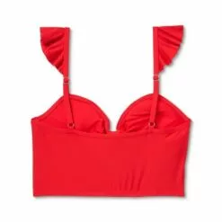 Women's Ruffle Shoulder Longline Bikini Top - Sea Angel Red -Swimsuits Popular Store unnamed file 5800