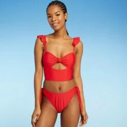 Women's Ruffle Shoulder Longline Bikini Top - Sea Angel Red -Swimsuits Popular Store unnamed file 5804
