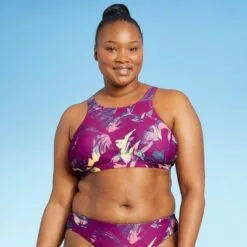 Women's High Neck Strappy Back Bikini Top - All in Motion™ Purple Floral -Swimsuits Popular Store unnamed file 5905