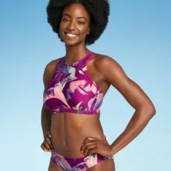 Women's High Neck Strappy Back Bikini Top - All in Motion™ Purple Floral -Swimsuits Popular Store unnamed file 5912