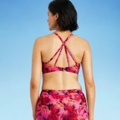 Women's Square Neck Tie Back Bikini Top - All in Motion™ Black & Pink Floral