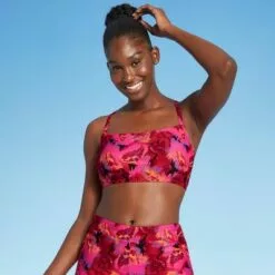 Women's Square Neck Tie Back Bikini Top - All in Motion™ Black & Pink Floral -Swimsuits Popular Store unnamed file 5925