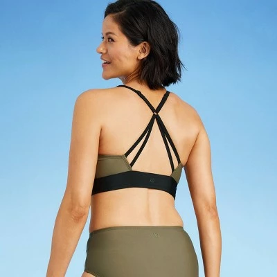 Women's Longline Zip-Front Bikini Top - All in Motion™ Olive Green & Black Colorblock 3 Women's Longline Zip-Front Bikini Top - All in Motion™ Olive Green & Black Colorblock
