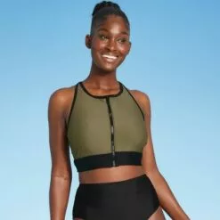 Women's Longline Zip-Front Bikini Top - All in Motion™ Olive Green & Black Colorblock 16 Women's Longline Zip-Front Bikini Top - All in Motion™ Olive Green & Black Colorblock -Swimsuits Popular Store unnamed file 5963