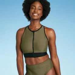 Women's Longline Zip-Front Bikini Top - All in Motion™ Olive Green & Black Colorblock 25 Women's Longline Zip-Front Bikini Top - All in Motion™ Olive Green & Black Colorblock -Swimsuits Popular Store unnamed file 5972