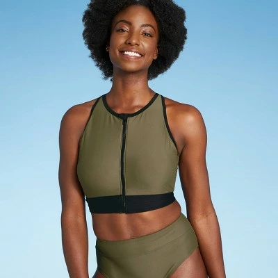 Women's Longline Zip-Front Bikini Top - All in Motion™ Olive Green & Black Colorblock 14 Women's Longline Zip-Front Bikini Top - All in Motion™ Olive Green & Black Colorblock - Image 12