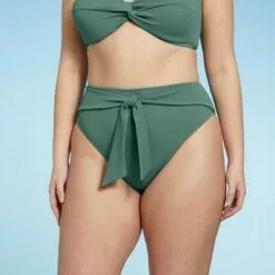 Women's Crepe Textured Tie-Front High Waist High Leg Extra Cheeky Bikini Bottom - Shade & Shore™ Cactus Green -Swimsuits Popular Store unnamed file 612