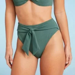 Women's Crepe Textured Tie-Front High Waist High Leg Extra Cheeky Bikini Bottom - Shade & Shore™ Cactus Green -Swimsuits Popular Store unnamed file 618