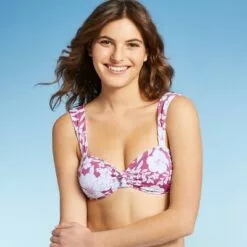 Juniors' Ribbed Knot-Front Bralette Bikini Top - Xhilaration™ Berry Pink Floral Print -Swimsuits Popular Store unnamed file 6217