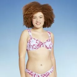 Juniors' Ribbed Knot-Front Bralette Bikini Top - Xhilaration™ Berry Pink Floral Print -Swimsuits Popular Store unnamed file 6218