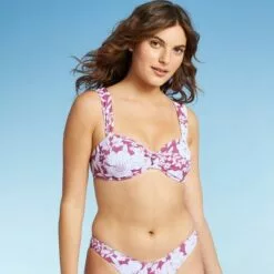 Juniors' Ribbed Knot-Front Bralette Bikini Top - Xhilaration™ Berry Pink Floral Print -Swimsuits Popular Store unnamed file 6223