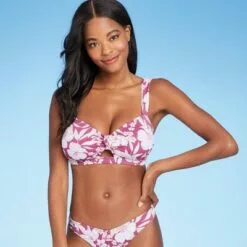 Juniors' Ribbed Knot-Front Bralette Bikini Top - Xhilaration™ Berry Pink Floral Print -Swimsuits Popular Store unnamed file 6227