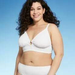 Juniors' Plus Size Ribbed Ring Front Triangle Bikini Top - Xhilaration™ White -Swimsuits Popular Store unnamed file 6265