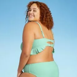 Juniors' Plus Size Ribbed Ruffle Tie-Front Bralette Bikini Top - Xhilaration™ Mint Green