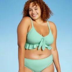 Juniors' Plus Size Ribbed Ruffle Tie-Front Bralette Bikini Top - Xhilaration™ Mint Green -Swimsuits Popular Store unnamed file 6297
