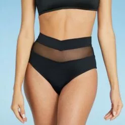 Women's Mesh Insert High Waist Bikini Bottom - Shade & Shore™ Black -Swimsuits Popular Store unnamed file 634