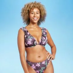 Women's Lightly Lined Ruffle Front Bikini Top - Shade & Shore™ Dusk Floral -Swimsuits Popular Store unnamed file 6367