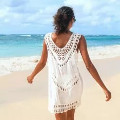 Women's White Crochet Sleeveless Tunic Cover Up - Cupshe - One Size Fits Most -Swimsuits Popular Store unnamed file 6420