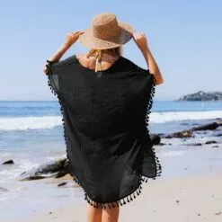 Women's Black Tassel Hem Bat Sleeve Above The Knee Cover Up - Cupshe, One Size