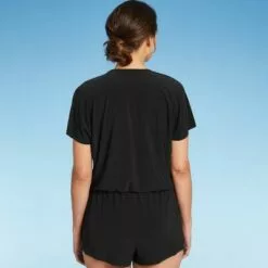 Women's Short Sleeve Cover Up Swim Romper - Aqua Green® True Navy