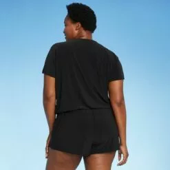 Women's Short Sleeve Cover Up Swim Romper - Aqua Green® True Navy -Swimsuits Popular Store unnamed file 6492