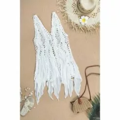 Women's White Crochet Button Sleeveless Hollow Out Cover Up Beachwear-Cupshe