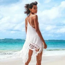 Women's White Sleeveless Tassel Hem Spaghetti Straps Swimsuit Cover Up - Cupshe, One Size