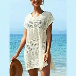 Women's Crochet Hollow Out Side Slits Knot Front Above Knee Length Cover Up-Cupshe