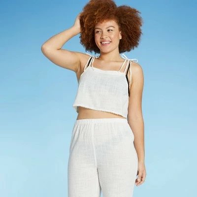 Juniors' Pom Pom Trim Cover Up Crop Top - Xhilaration™ Off-White 4 Juniors' Pom Pom Trim Cover Up Crop Top - Xhilaration™ Off-White - Image 2