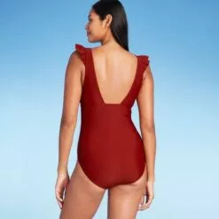 Women's Ruffle Shoulder High Coverage One Piece Swimsuit - Kona Sol⢠Bold Burgundy