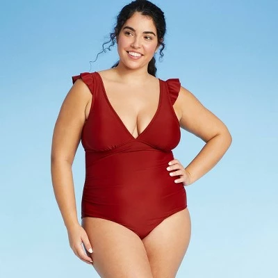 Women's Ruffle Shoulder High Coverage One Piece Swimsuit - Kona Sol™ Bold Burgundy 4 Women's Ruffle Shoulder High Coverage One Piece Swimsuit - Kona Sol™ Bold Burgundy - Image 2