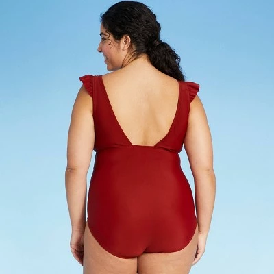 Women's Ruffle Shoulder High Coverage One Piece Swimsuit - Kona Sol™ Bold Burgundy 5 Women's Ruffle Shoulder High Coverage One Piece Swimsuit - Kona Sol™ Bold Burgundy - Image 3