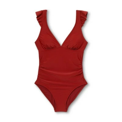 Women's Ruffle Shoulder High Coverage One Piece Swimsuit - Kona Sol™ Bold Burgundy 6 Women's Ruffle Shoulder High Coverage One Piece Swimsuit - Kona Sol™ Bold Burgundy - Image 4